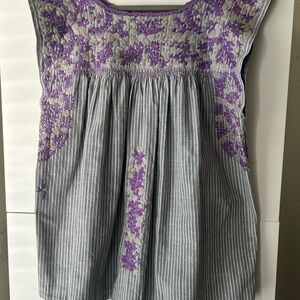 Mi Golondrina Purple Embroidered Floral Crochet Trim Blouse Top Sz M